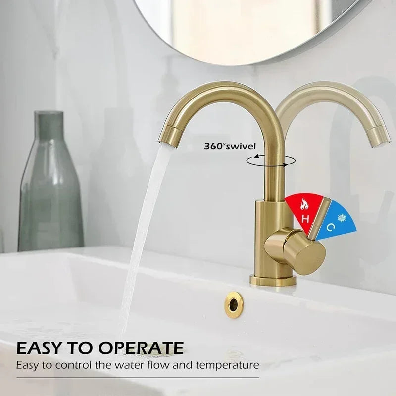 Gold bathroom faucet modern stainless steel with dual handles 360-degree swivel and hot cold temperature control