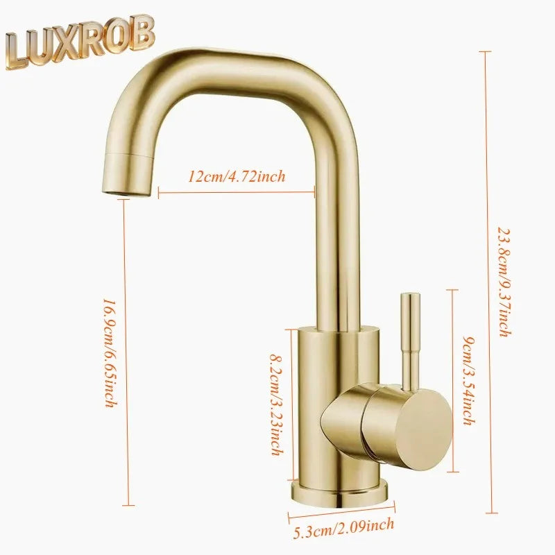 Gold bathroom faucet with modern design stainless steel construction and gold brushed metal finish for luxe kitchen use