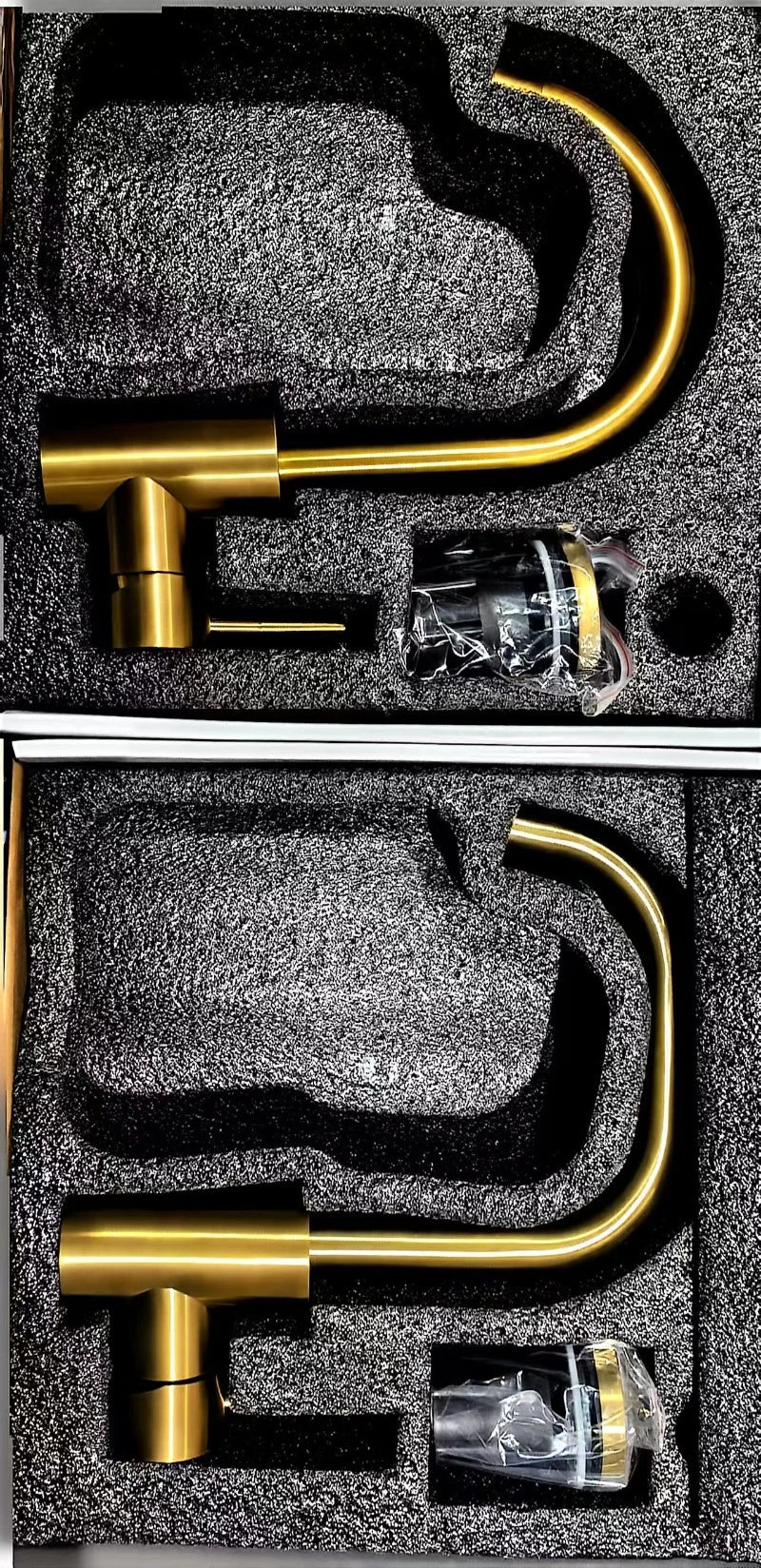 Gold bathroom faucet modern stainless steel with sleek curved spout and matching handles in gold finish