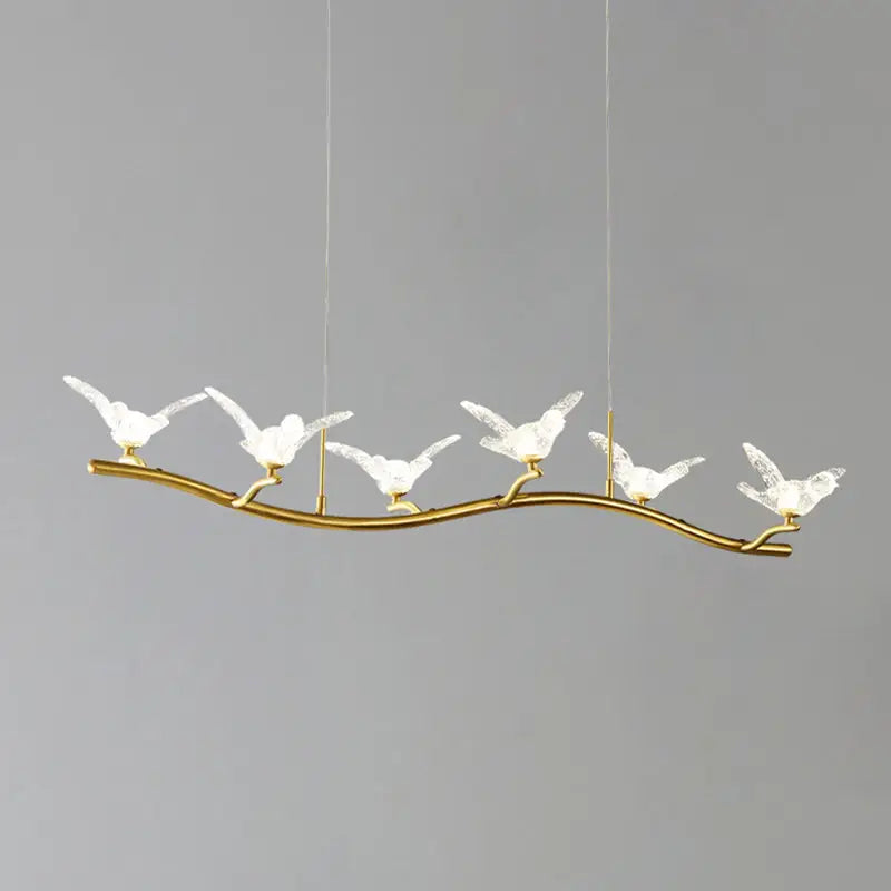 Gold tonal branch-shaped pendant lamp with five crystal bird figures featuring adjustable chain cord length and max bulb wattage