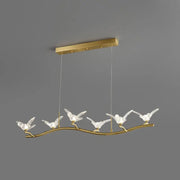 Gold bird branch led pendant lamp with five clear crystal bird fixtures on gold-toned branch and adjustable chain cord length