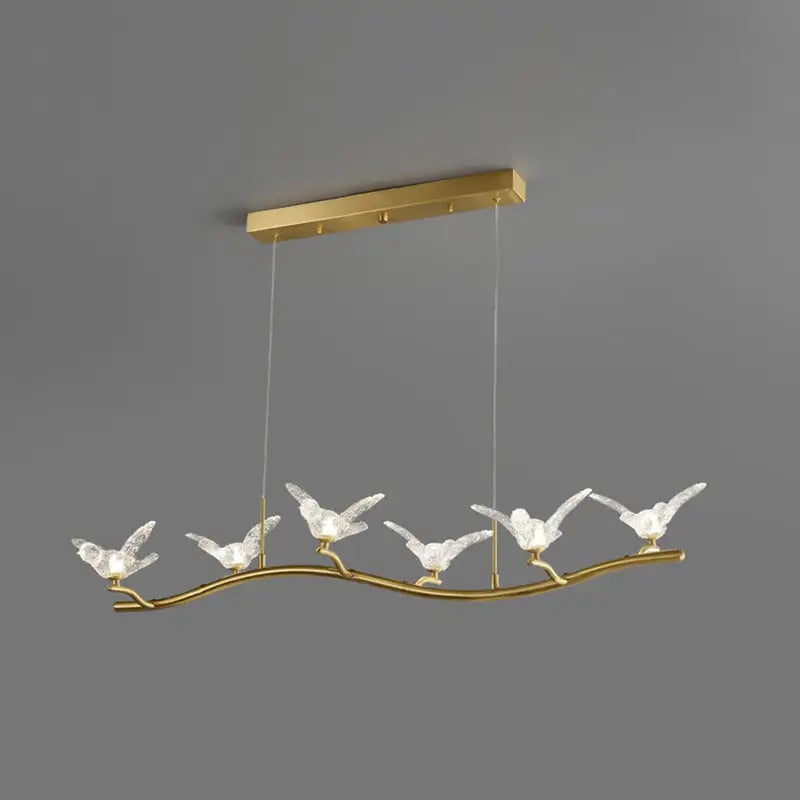 Gold bird branch led pendant lamp with five clear crystal bird fixtures on gold-toned branch and adjustable chain cord length