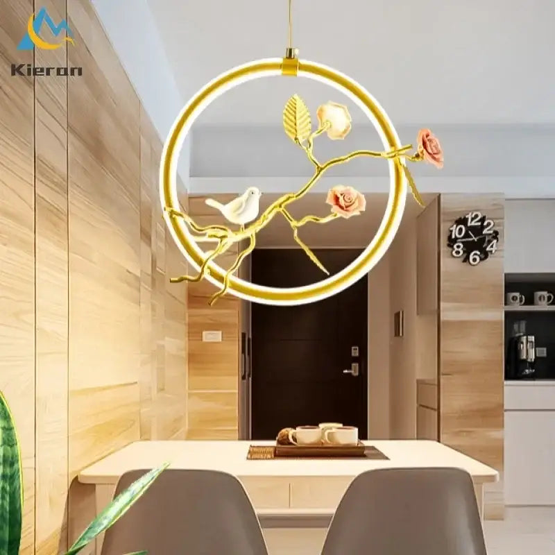 Gold bird led chandelier pendant light with delicate branch design pink roses green leaves and white bird for dining room