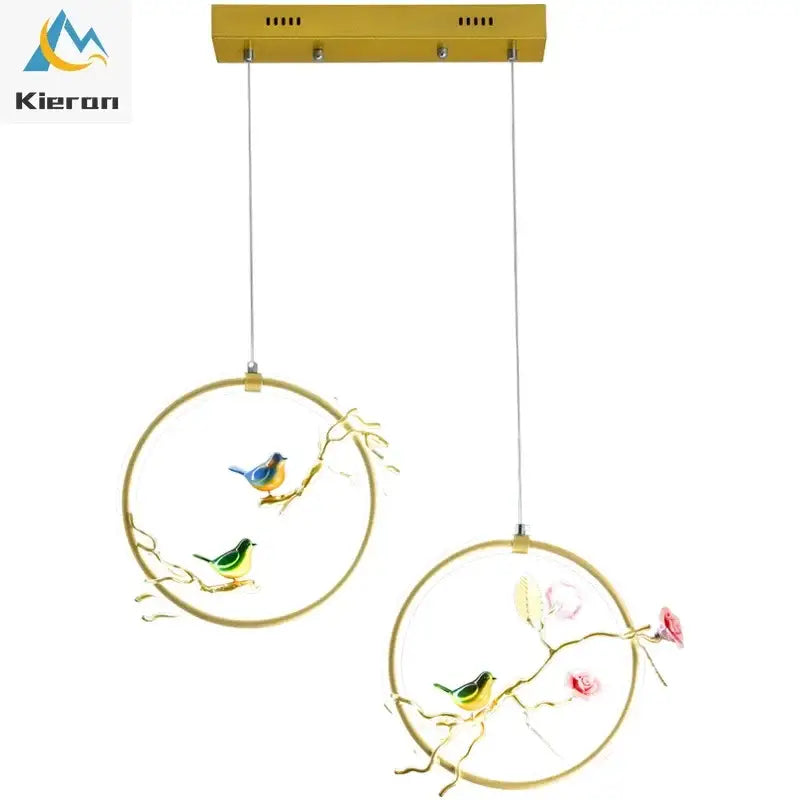 Gold bird led chandelier with gold circular pendants featuring painted birds and blossoms for dining room decorbites bird led