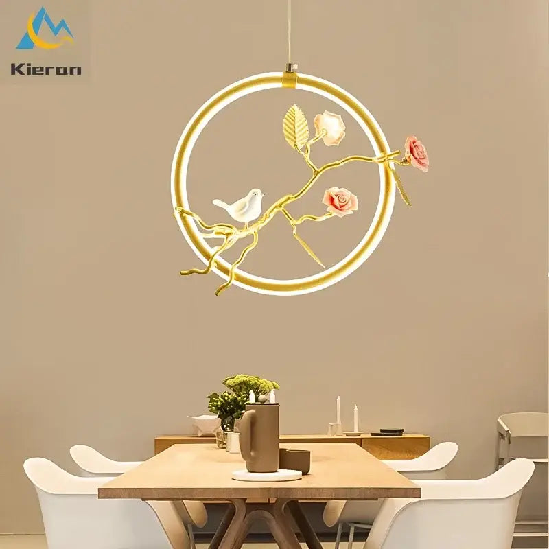 Gold bird led chandelier floral pendant light with pink roses and white bird decorbites bird led for dining room decor