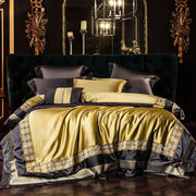 Luxurious gold and black satin bedding set with intricate geometric embroidery on 200s embroidery egyptian cotton