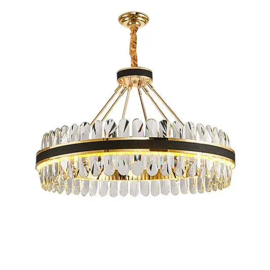 Gold and black decorbites crystal oval chandelier with crystal droplets and black accent band for dining room decor