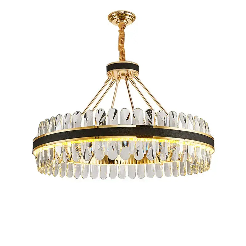 Gold and black decorbites crystal oval chandelier with crystal droplets and black accent band for dining room decor