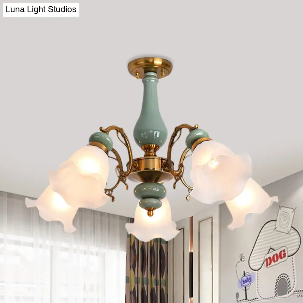 DecorBites™ DecorBites™ Gold/Black Floral Semi Mount Opal Glass Ceiling Lamp with 3/5 Traditional Lighting Heads - Perfect for Bedrooms