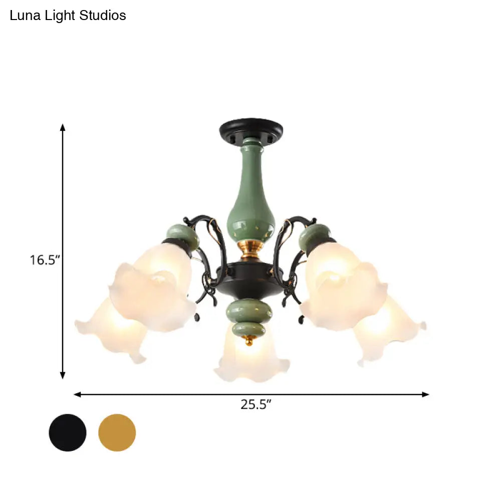 DecorBites™ DecorBites™ Gold/Black Floral Semi Mount Opal Glass Ceiling Lamp with 3/5 Traditional Lighting Heads - Perfect for Bedrooms