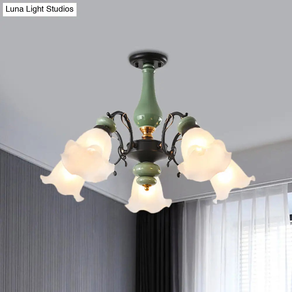 DecorBites™ DecorBites™ Gold/Black Floral Semi Mount Opal Glass Ceiling Lamp with 3/5 Traditional Lighting Heads - Perfect for Bedrooms