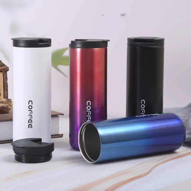 A sleek gradient blue and purple decorbites insulated espresso cup with black lid ideal for travel and kitchen use