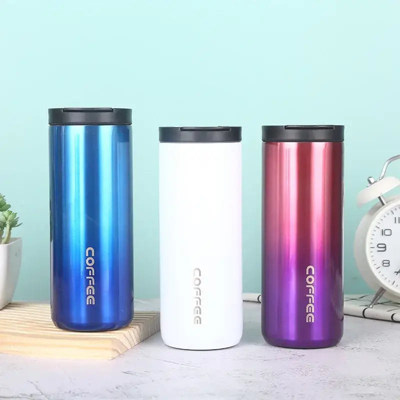 Three decorbites insulated espresso travel mugs with black lids and gradient metallic finishes for thermal use
