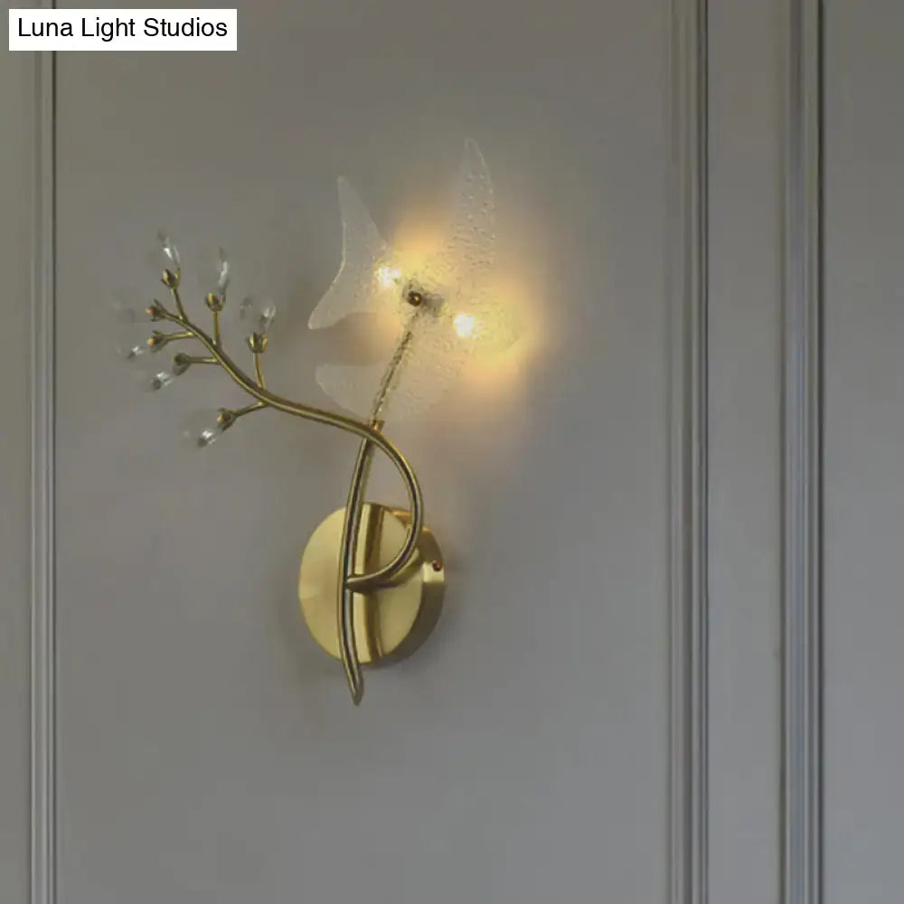 Gold branch crystal wall sconce with gold-toned delicate branch design and wing-shaped glass for 110v-120v lighting
