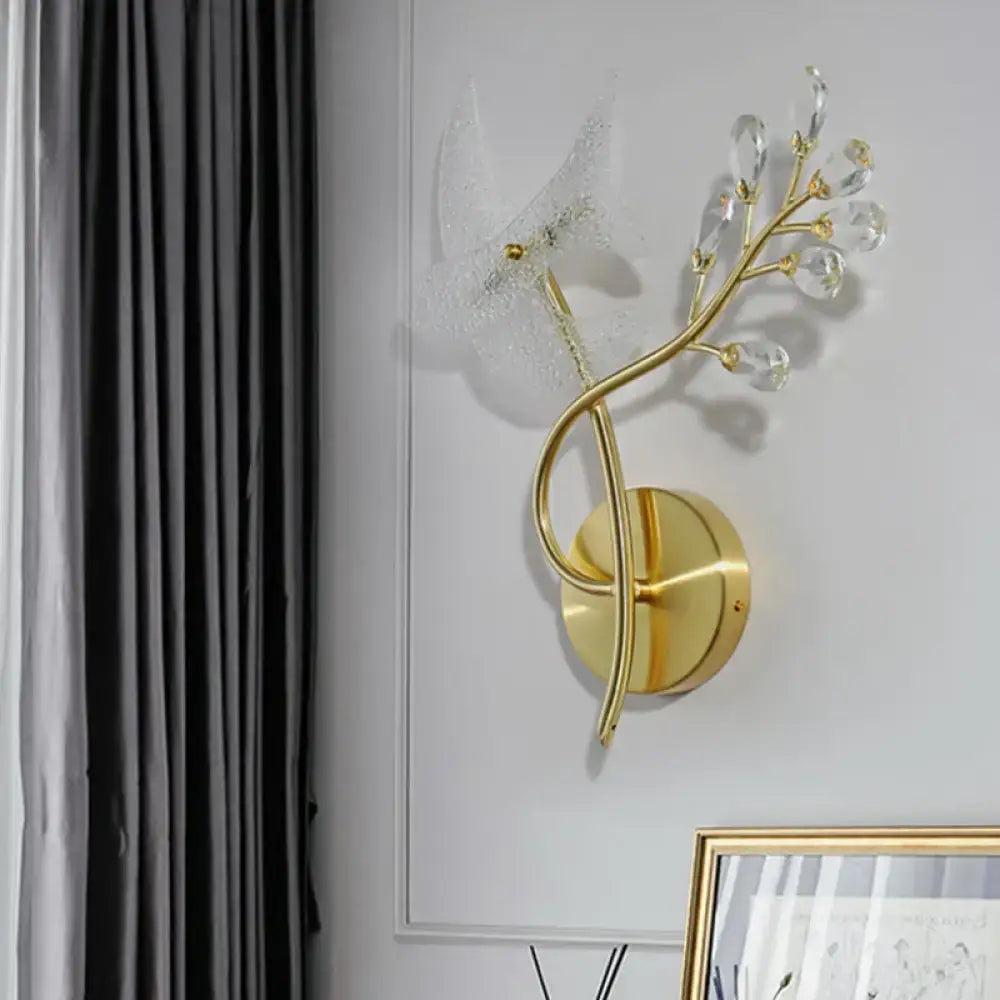 Gold branch crystal wall sconce with clear crystal droplets and translucent butterfly accent for 110v-120v use
