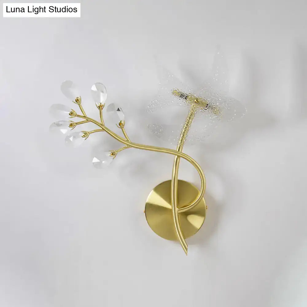 Gold branch crystal wall sconce with clear faceted teardrop accents for bedroom light 110v-120v and 220v-240v use