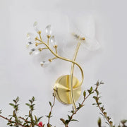 Gold branch crystal wall sconce with clear teardrop crystals and translucent dragonfly accent for 110v-120v use