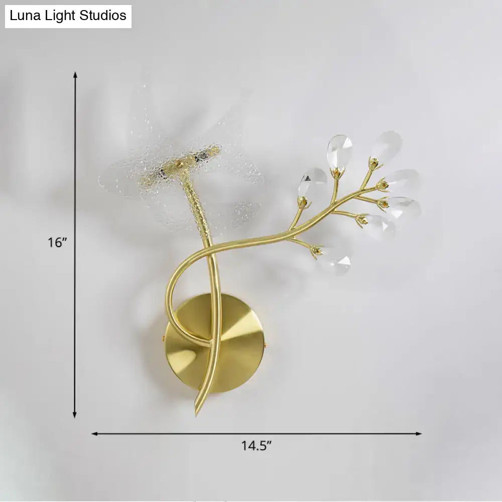 Gold branch crystal wall sconce with clear faceted droplets in gold tone for bedroom light 110v-120v and 220v-240v use