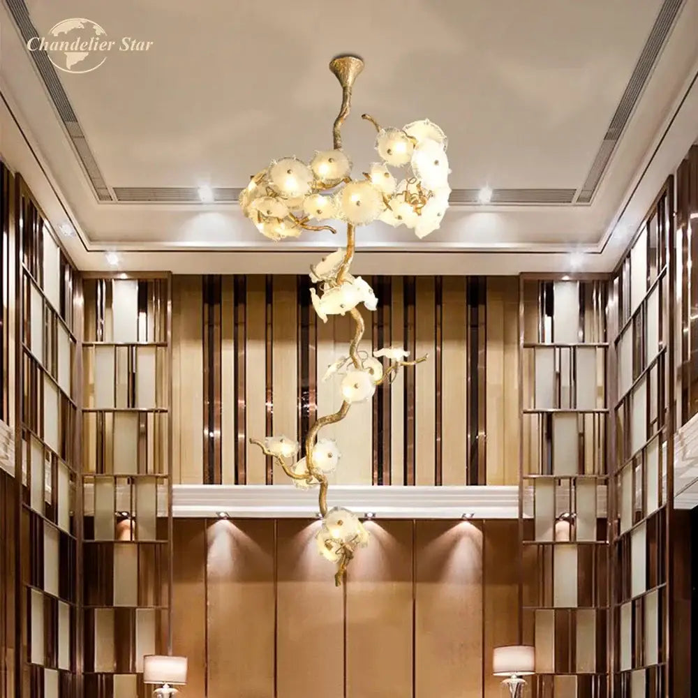 Golden branch glass chandelier led with frosted flower-shaped lights for dining room decorbites branch glass design