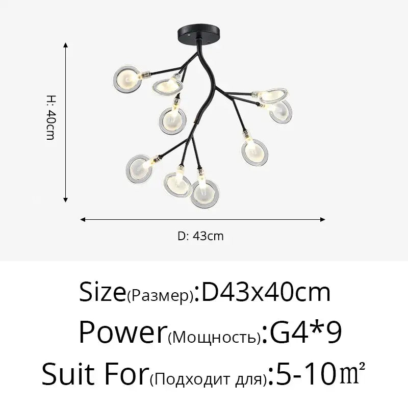 Gold branch shape firefly ceiling chandelier with black branch style and nine clear glass g4 bulbs for dining room lighting