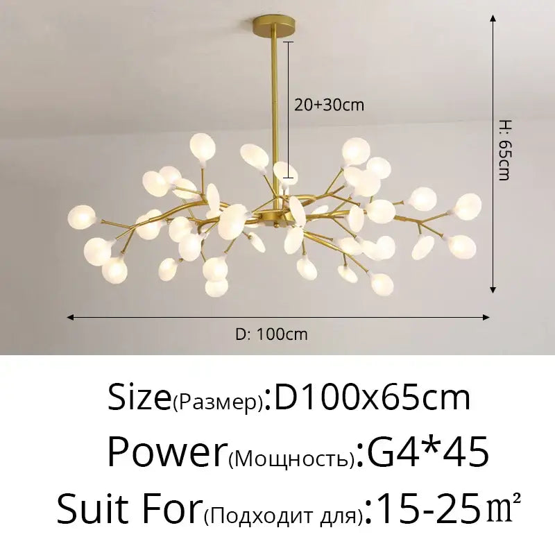 Gold-toned decorbites branch shape firefly ceiling chandelier with frosted glass globes for dining room lighting