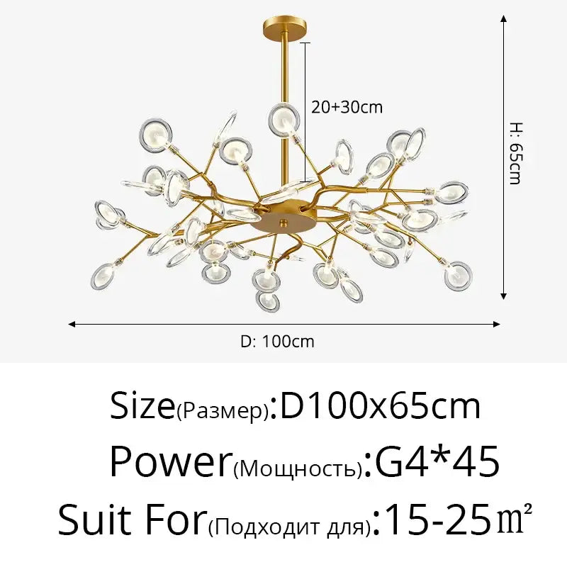 Gold-toned decorbites branch shape firefly ceiling chandelier with clear teardrop glass shades for dining room lighting
