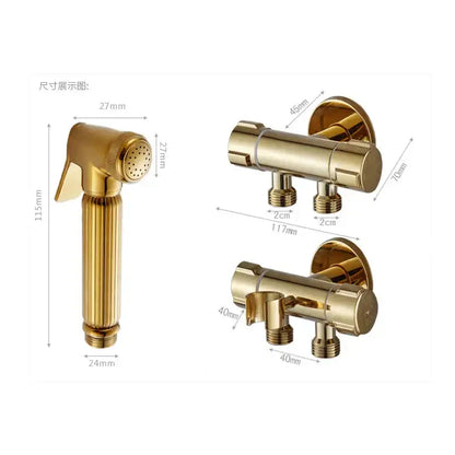 Gold brass handheld bidet faucet bathroom sprayer set with ribbed showerhead and two wall-mounted valve units by decorbites bidet faucet