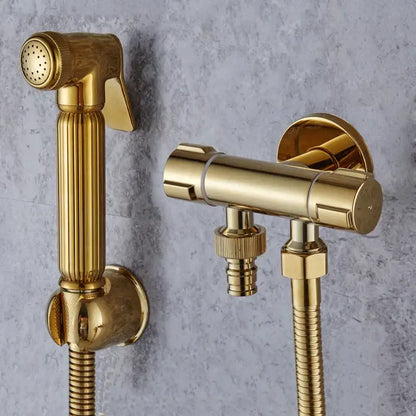 Gold brass handheld bidet faucet bathroom sprayer set with vertical ridged showerhead and wall-mounted valve decorbites bidet faucet