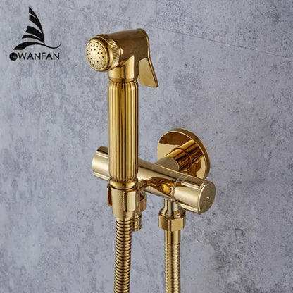 Gold brass handheld bidet faucet bathroom sprayer set with ribbed handle and flexible hose by decorbites bidet faucet