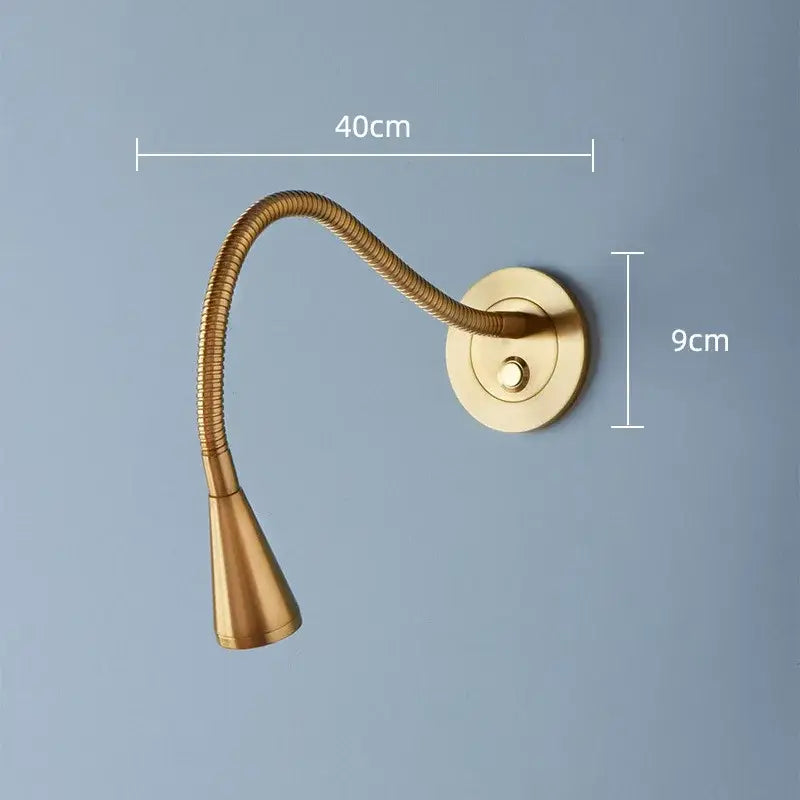 Gold brass led gooseneck wall sconce with adjustable ribbed aluminum led gooseneck and conical light head for reading
