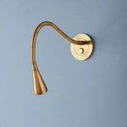 Gold brass led gooseneck wall sconce with flexible aluminum led gooseneck and conical light head for bedroom reading