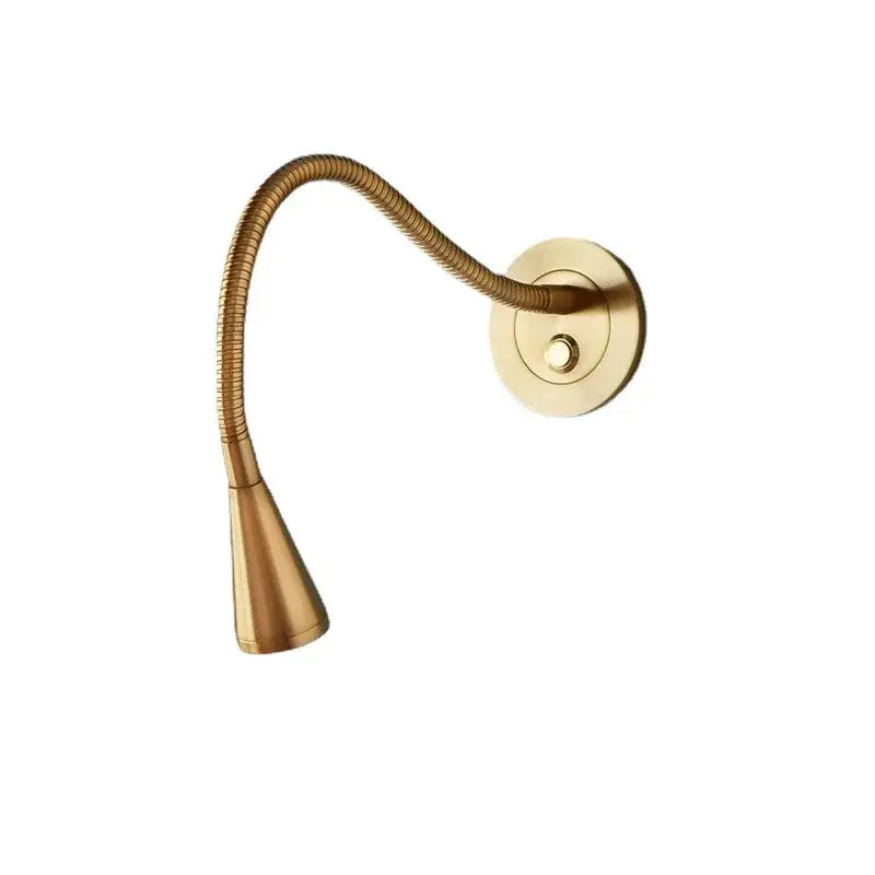 Gold brass led gooseneck wall sconce with adjustable ribbed arm and conical head for bedroom reading light