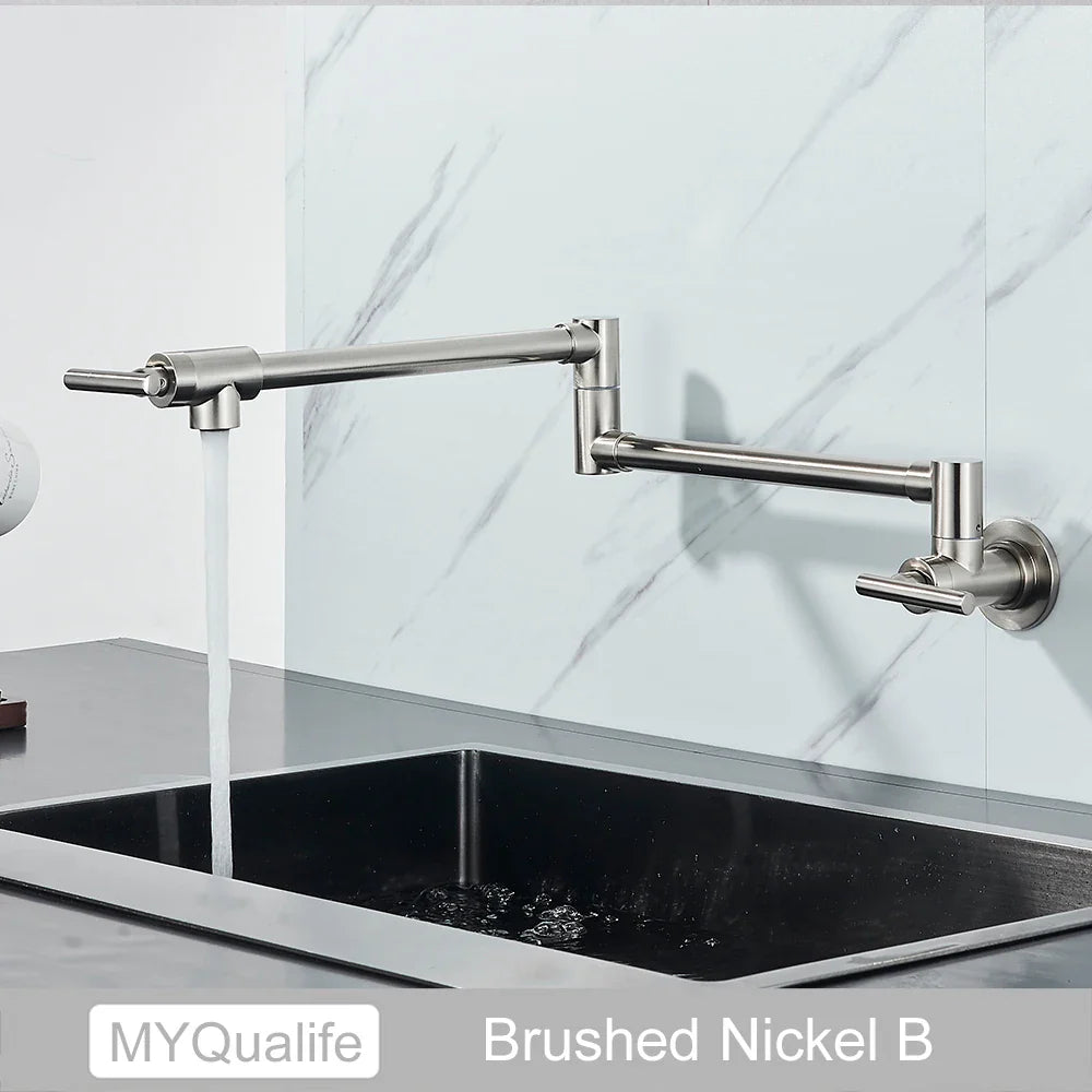 Brushed nickel kitchen faucet with sleek extendable gooseneck in gold brass pot filler wall mounted design