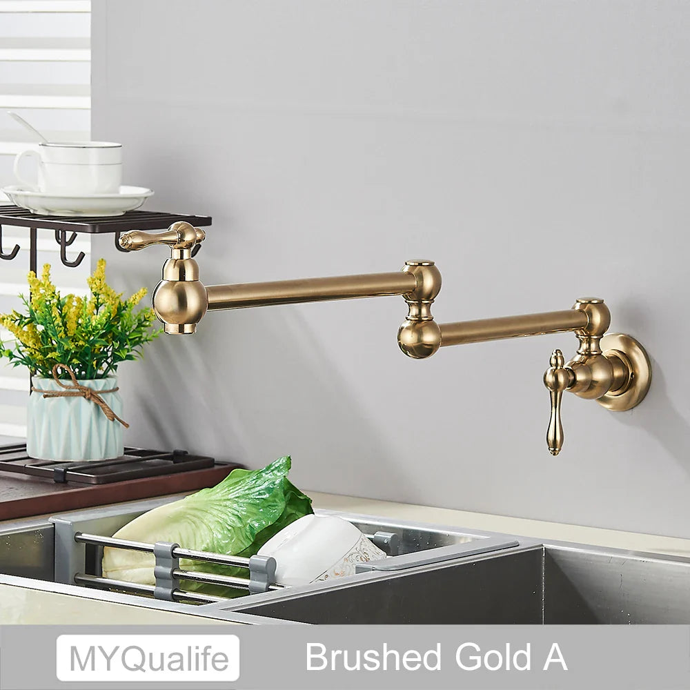 Brushed gold brass pot filler wall mounted faucet with long extendable arm and classic lever handles