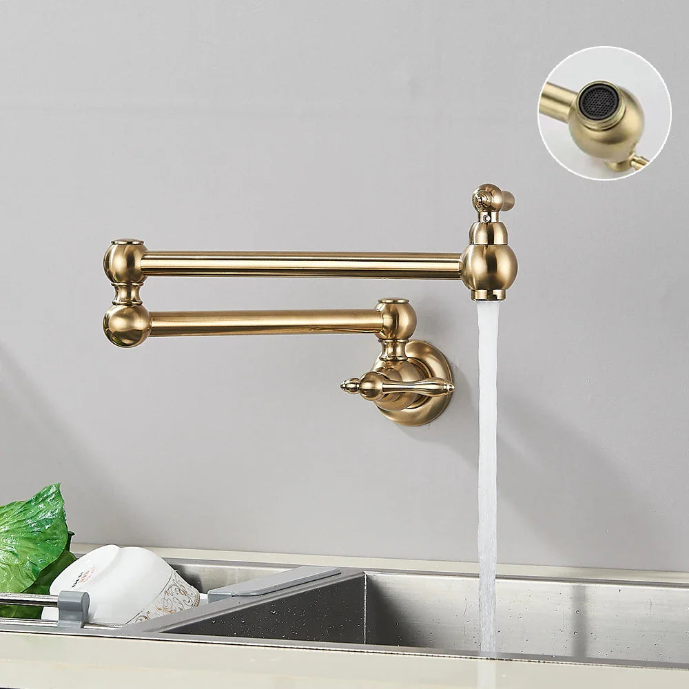 Gold brass pot filler wall mounted kitchen faucet with brass finish gooseneck spout and pull-out spray head