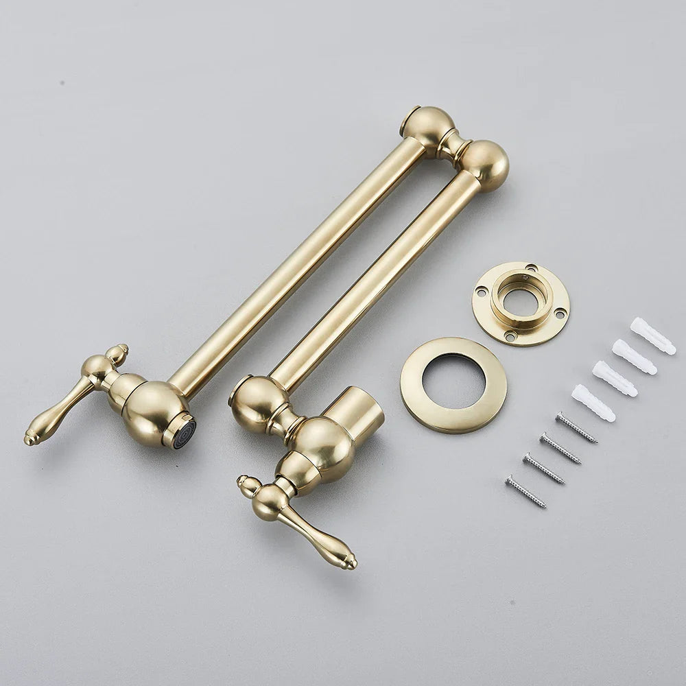 Gold brass pot filler wall mounted kitchen faucet with double handles and ornate spherical brass-finished knobs