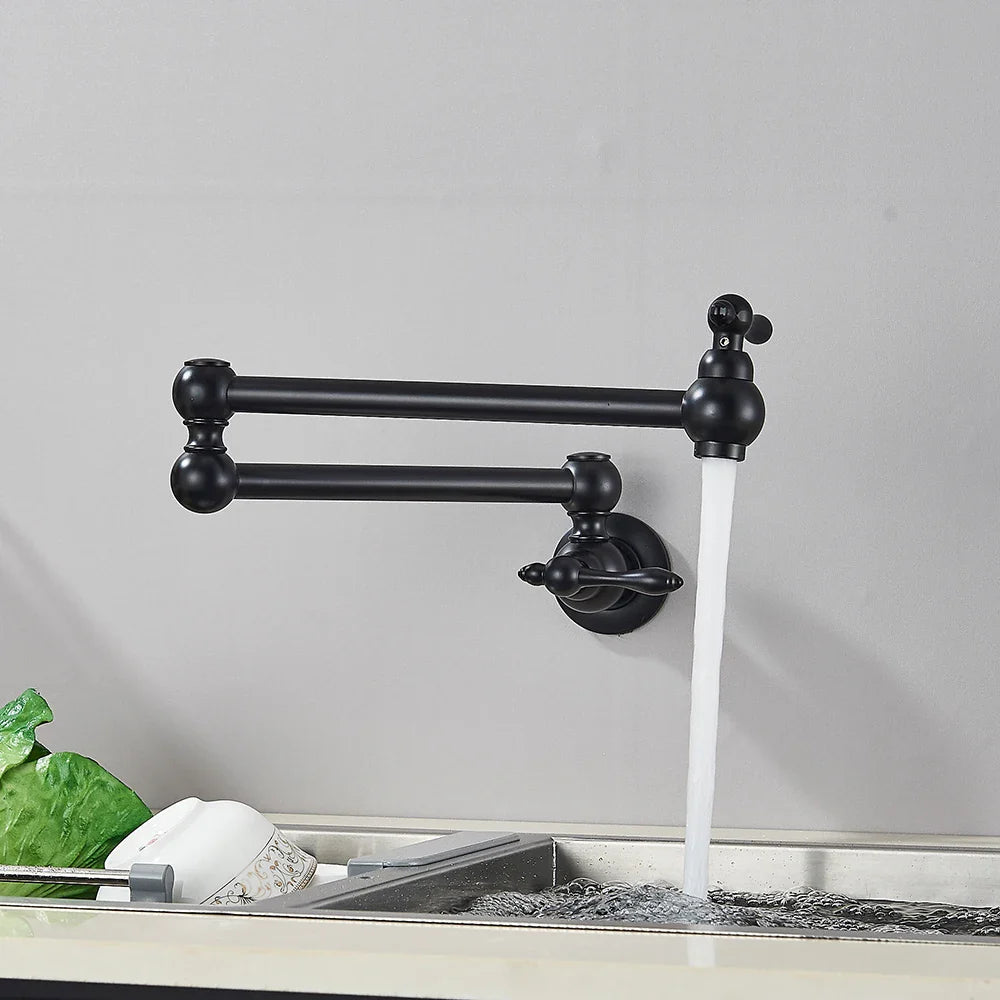 Black matte-finish extendable kitchen faucet with ornate spherical joints and classic lever handle for wall mount