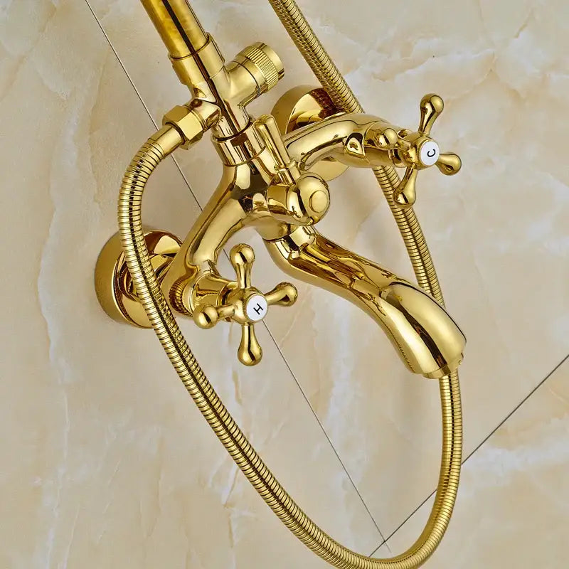 Gold brass rainfall shower faucet set with gold-finished faucet set cross handles and flexible handheld spray hose