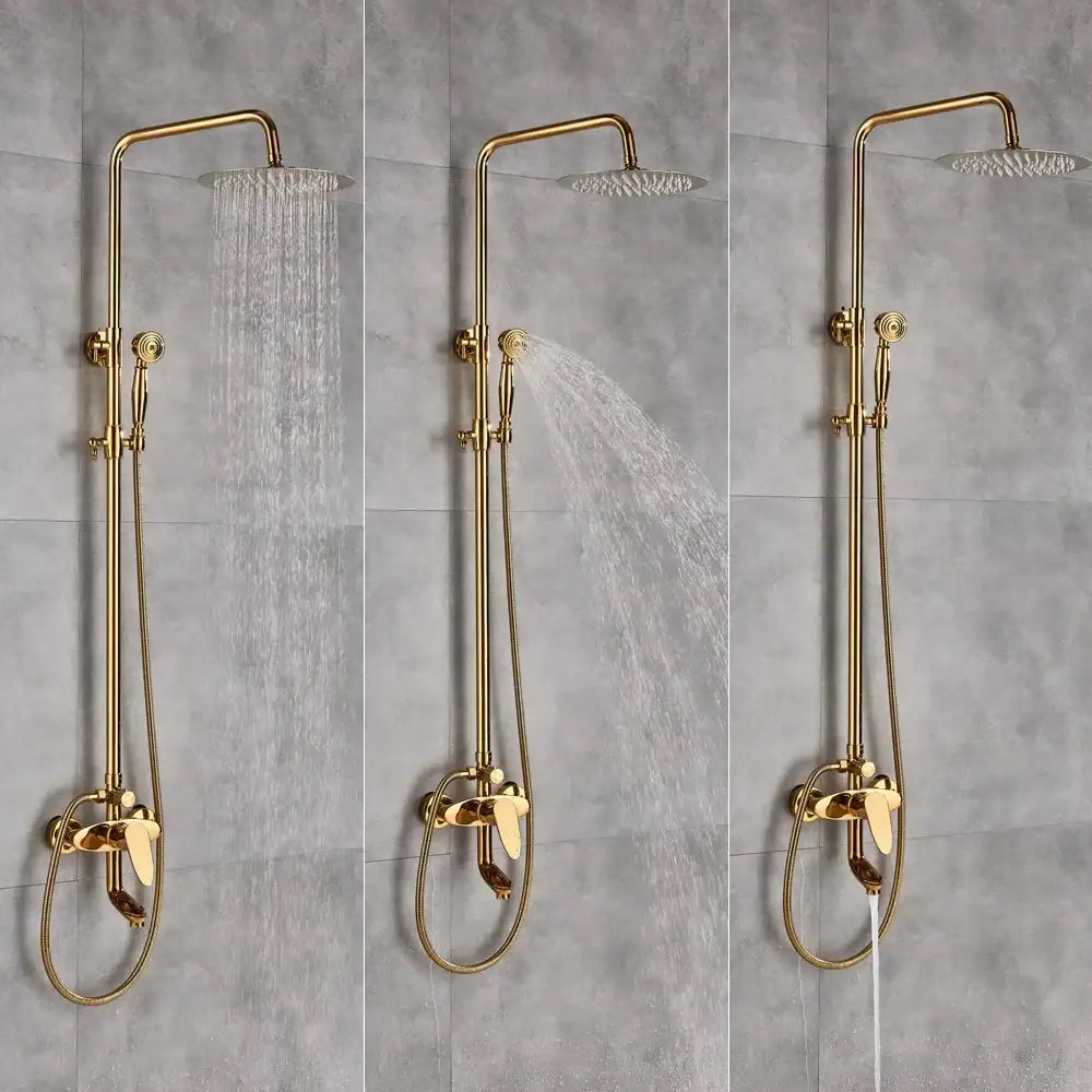 Gold brass rainfall shower faucet set with a gold-finished shower faucet and overhead rain shower head in bathroom