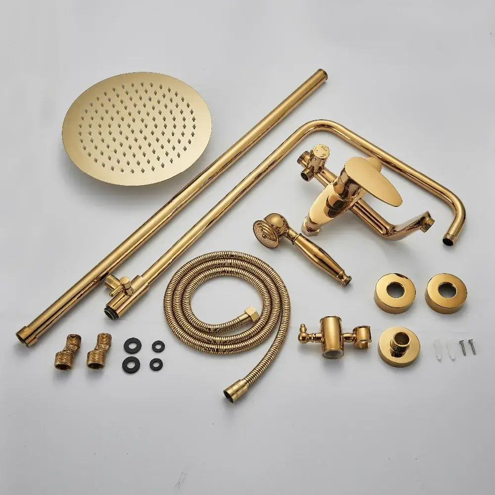 Gold-toned brass shower faucet set with round rainhead handheld sprayer and matching fixtures for bathroom use