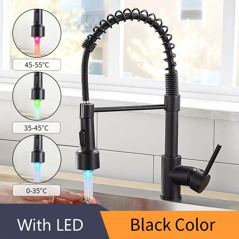 Black matte decorbites brass spring kitchen faucet with flexible coiled spout and color changing led lighting