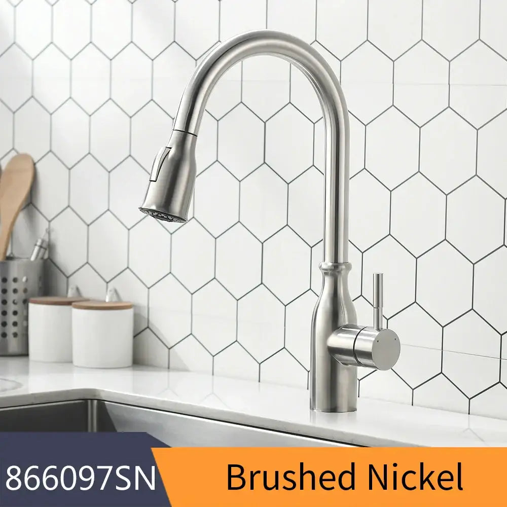 Brushed nickel decorbites brass spring kitchen faucet with arched pull-down spray head and brass spring spout design