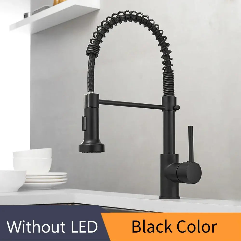 Black matte finish kitchen faucet with flexible brass spring spout and pull down spray head by decorbites brass spring