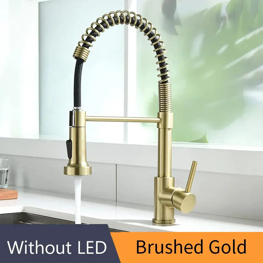 Brushed gold decorbites brass spring kitchen faucet with flexible coiled hose and pull down spray head modern design