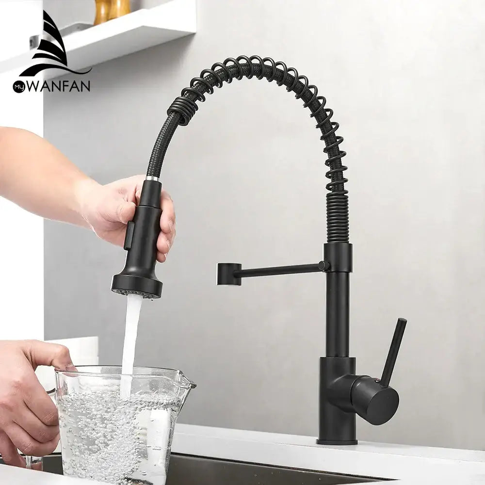 Black matte kitchen faucet with pull-down spray head and coiled brass spring spout by decorbites brass spring