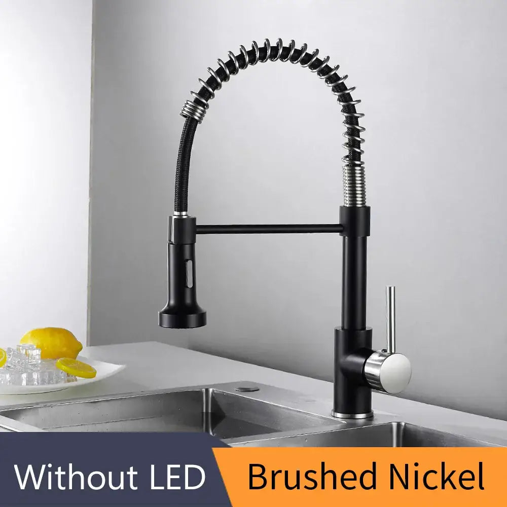 Black brushed nickel kitchen faucet with flexible coiled brass spring spout and pull-down spray head decorbites brass spring