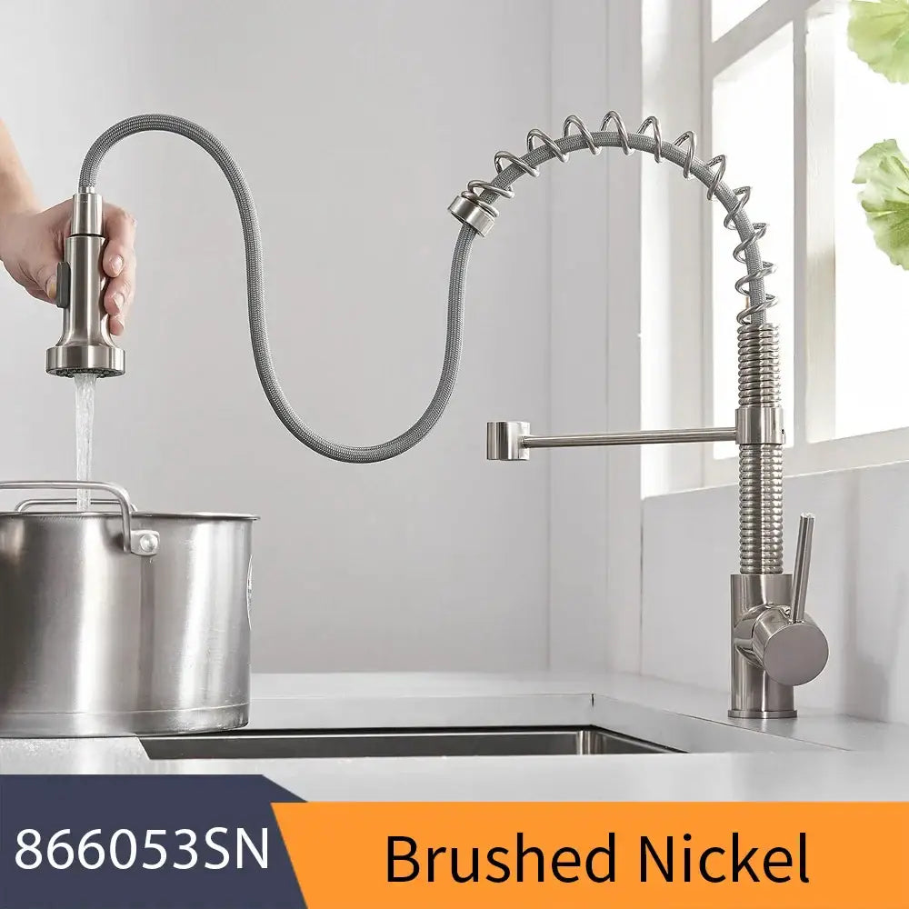 Gold brass spring spout kitchen faucet with pull down spray head and brass spring spout flexible hose by decorbites