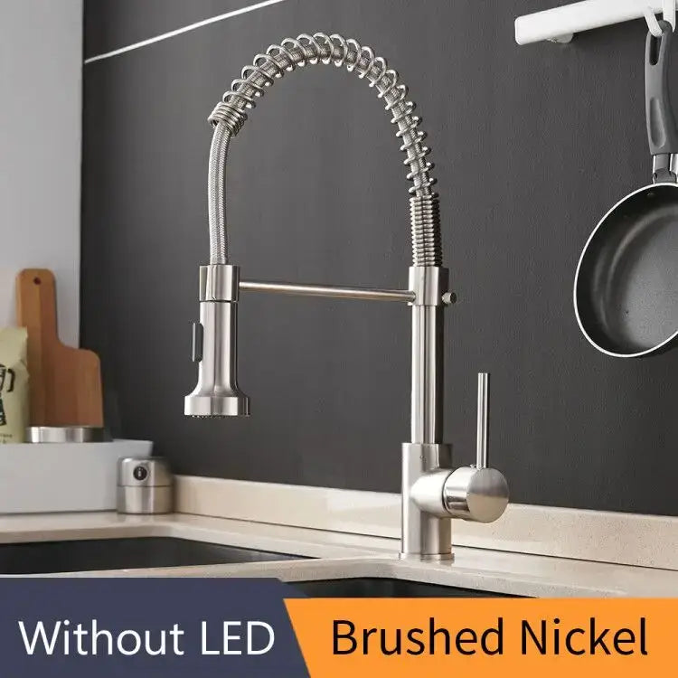 Brushed nickel kitchen faucet with flexible coiled brass spring spout and pull-down spray head by decorbites brass spring