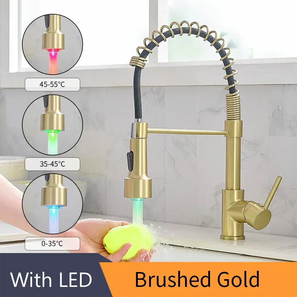 Brushed gold decorbites brass spring kitchen faucet with flexible gooseneck spout and led temperature lights