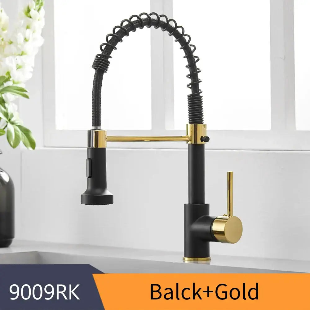 Black and gold decorbites brass spring kitchen faucet with flexible coiled brass spring spout and pull down spray head